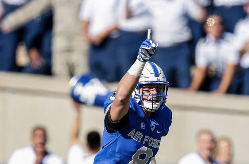 Oct 1, 2016; Colorado Springs, CO, USA; Air Force Falcons defensive back Weston Steelhammer (8) celebrates after a play in the third quarter against the Navy Midshipmen at Falcon Stadium. Mandatory Credit: Isaiah J. Downing-USA TODAY Sports