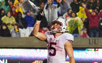 Nov 19, 2016; Berkeley, CA, USA; Stanford Cardinal running back Christian McCaffrey (5) celebrates after a touchdown against the California Golden Bears during the third quarter at Memorial Stadium. The Stanford Cardinal defeated the California Golden Bears 45-31. Mandatory Credit: Kelley L Cox-USA TODAY Sports