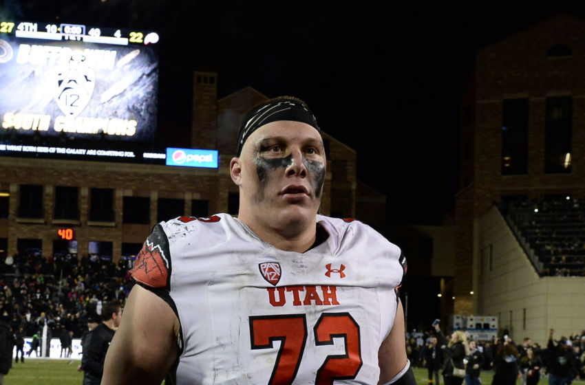 Nov 26, 2016; Boulder, CO, USA; Utah Utes offensive lineman Garett Bolles (72) during the second half against the Colorado Buffaloes at Folsom Field. The Buffaloes defeated the Utes 27-22. Mandatory Credit: Ron Chenoy-USA TODAY Sports