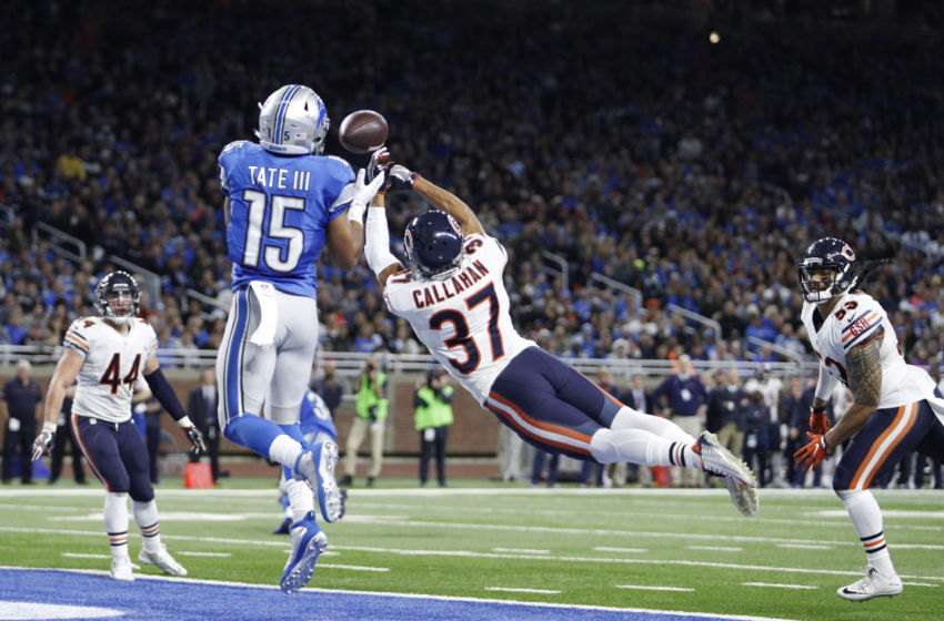 Dec 11, 2016; Detroit, MI, USA; Chicago Bears cornerback Bryce Callahan (37) deflects the ball before it gets to Detroit Lions wide receiver Golden Tate (15) during the fourth quarter at Ford Field. Lions win 20-17. Mandatory Credit: Raj Mehta-USA TODAY Sports