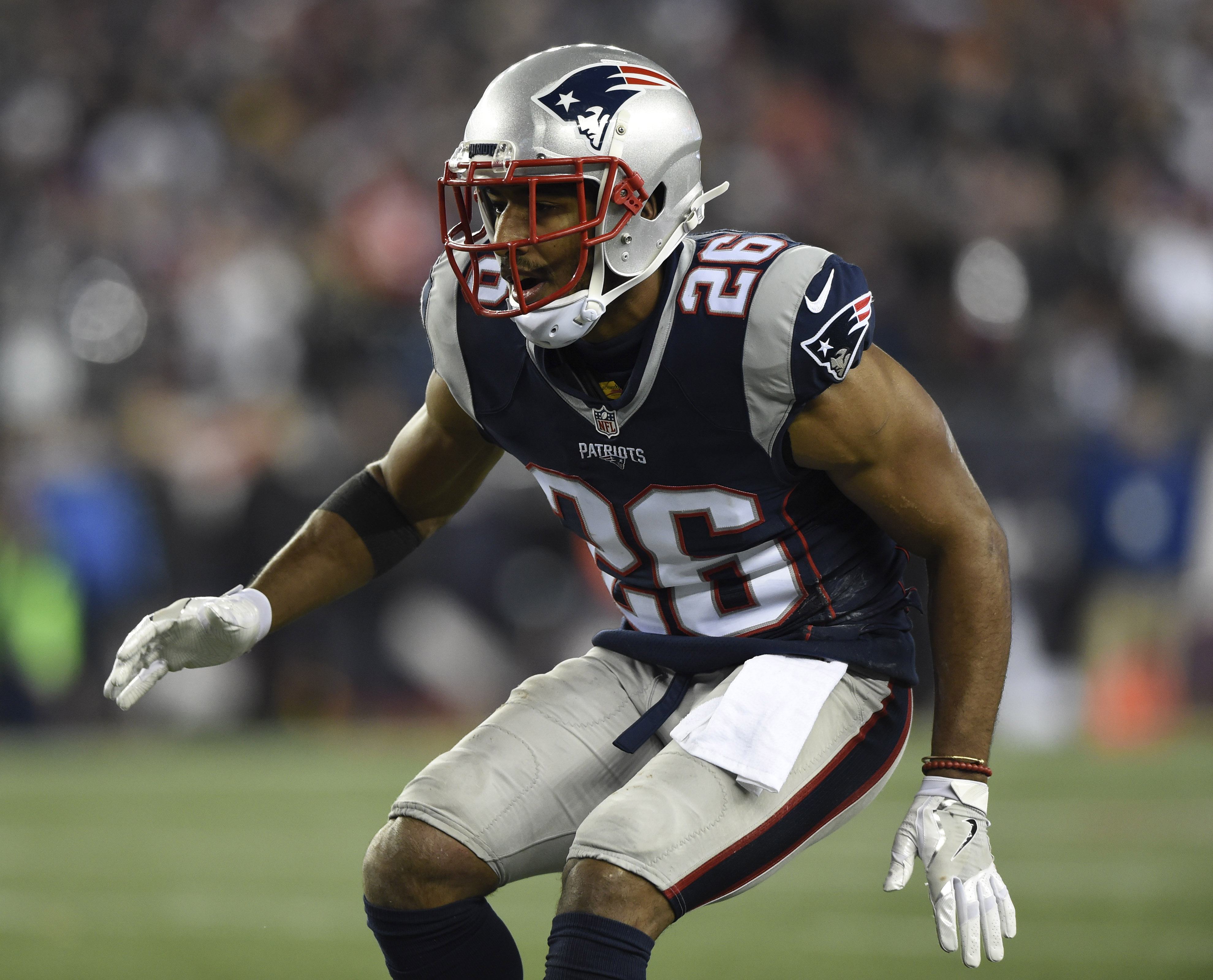 Dec 12, 2016; Foxborough, MA, USA; New England Patriots cornerback Logan Ryan (26) during the second half against the Baltimore Ravens at Gillette Stadium. Mandatory Credit: Bob DeChiara-USA TODAY Sports