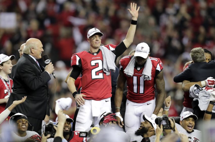 Jan 22, 2017; Atlanta, GA, USA; Atlanta Falcons quarterback Matt Ryan (2) waves to the crowd following the 2017 NFC Championship Game at the Georgia Dome. Mandatory Credit: William Glasheen/Appleton Post Crescent via USA TODAY NETWORK