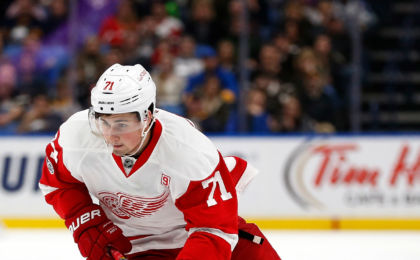 Jan 20, 2017; Buffalo, NY, USA; Detroit Red Wings center Dylan Larkin (71) during the third period against the Buffalo Sabres at KeyBank Center. Sabres beat the Red Wings 3-2 in overtime. Mandatory Credit: Kevin Hoffman-USA TODAY Sports
