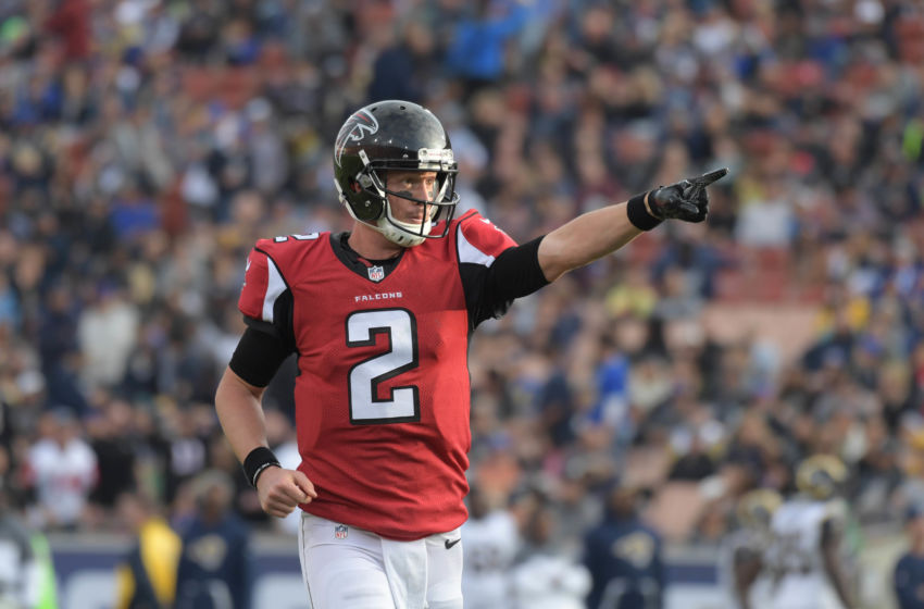 Dec 11, 2016; Los Angeles, CA, USA; Atlanta Falcons quarterback Matt Ryan (2) celebrates after throwing a 64-yard touchdown pass in the third quarter against the Los Angeles Rams during a NFL football game at Los Angeles Memorial Coliseum. Mandatory Credit: Kirby Lee-USA TODAY Sports