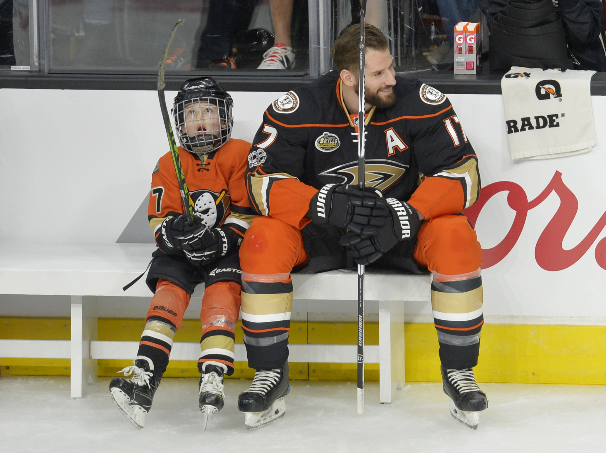 Jan 28, 2017; Los Angeles, CA, USA; Anaheim Ducks forward Ryan Kesler (17) with son Ryker Kesler during the shootout in the 2017 NHL All Star Game skills competition at Staples Center. Mandatory Credit: Gary A. Vasquez-USA TODAY Sports