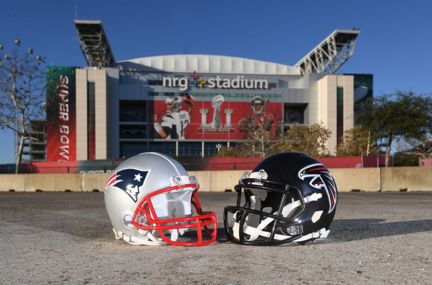 Jan 31, 2017; Houston, TX, USA; General overall view of New England Patriots and Atlanta Falcons helmets at NRG Stadium prior to Super Bowl LI on Feb 5, 2017. Mandatory Credit: Kirby Lee-USA TODAY Sports