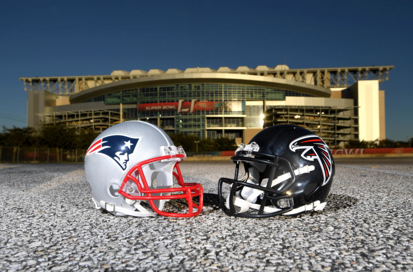 Jan 31, 2017; Houston, TX, USA; General overall view of New England Patriots and Atlanta Falcons helmets at NRG Stadium prior to Super Bowl LI on Feb 5, 2017. Mandatory Credit: Kirby Lee-USA TODAY Sports