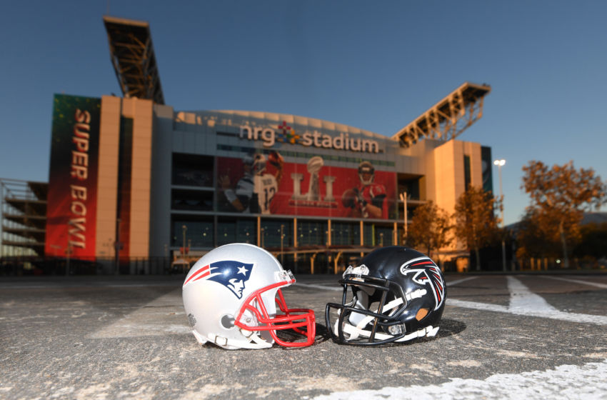 Jan 31, 2017; Houston, TX, USA; General overall view of New England Patriots and Atlanta Falcons helmets at NRG Stadium prior to Super Bowl LI on Feb 5, 2017. Mandatory Credit: Kirby Lee-USA TODAY Sports
