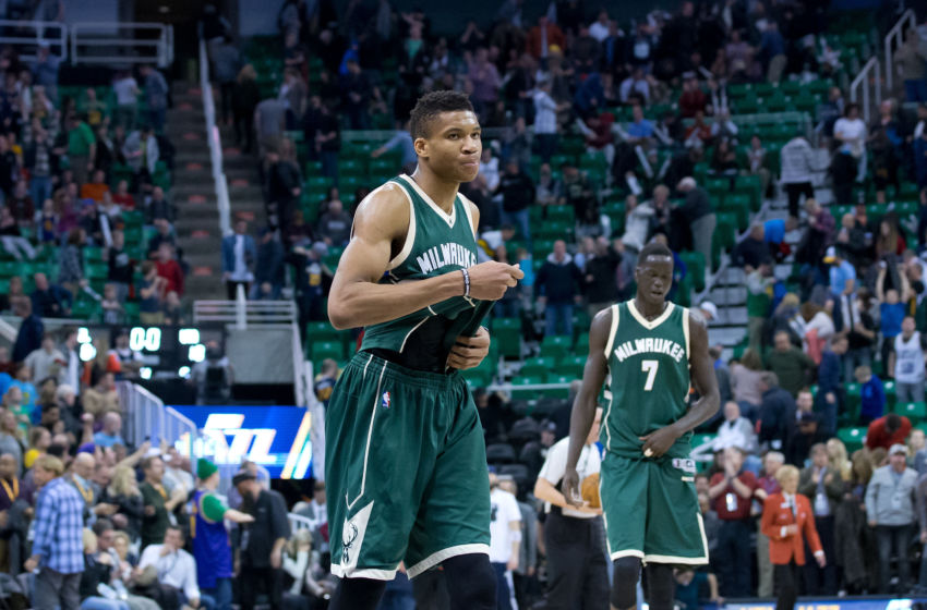 Feb 1, 2017; Salt Lake City, UT, USA; Milwaukee Bucks forward Giannis Antetokounmpo (34) leaves the court following the game against the Utah Jazz at Vivint Smart Home Arena. The Jazz won 104-88. Mandatory Credit: Russ Isabella-USA TODAY Sports