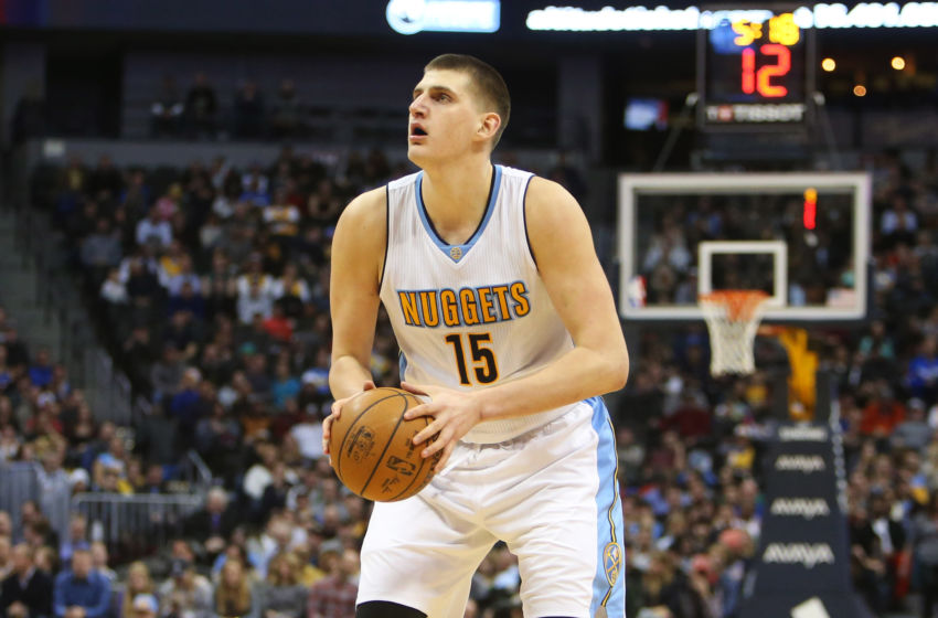 Feb 3, 2017; Denver, CO, USA; Denver Nuggets forward Nikola Jokic (15) looks to shoot the ball during the second half against the Milwaukee Bucks at Pepsi Center. The Nuggets won 121-117. Mandatory Credit: Chris Humphreys-USA TODAY Sports