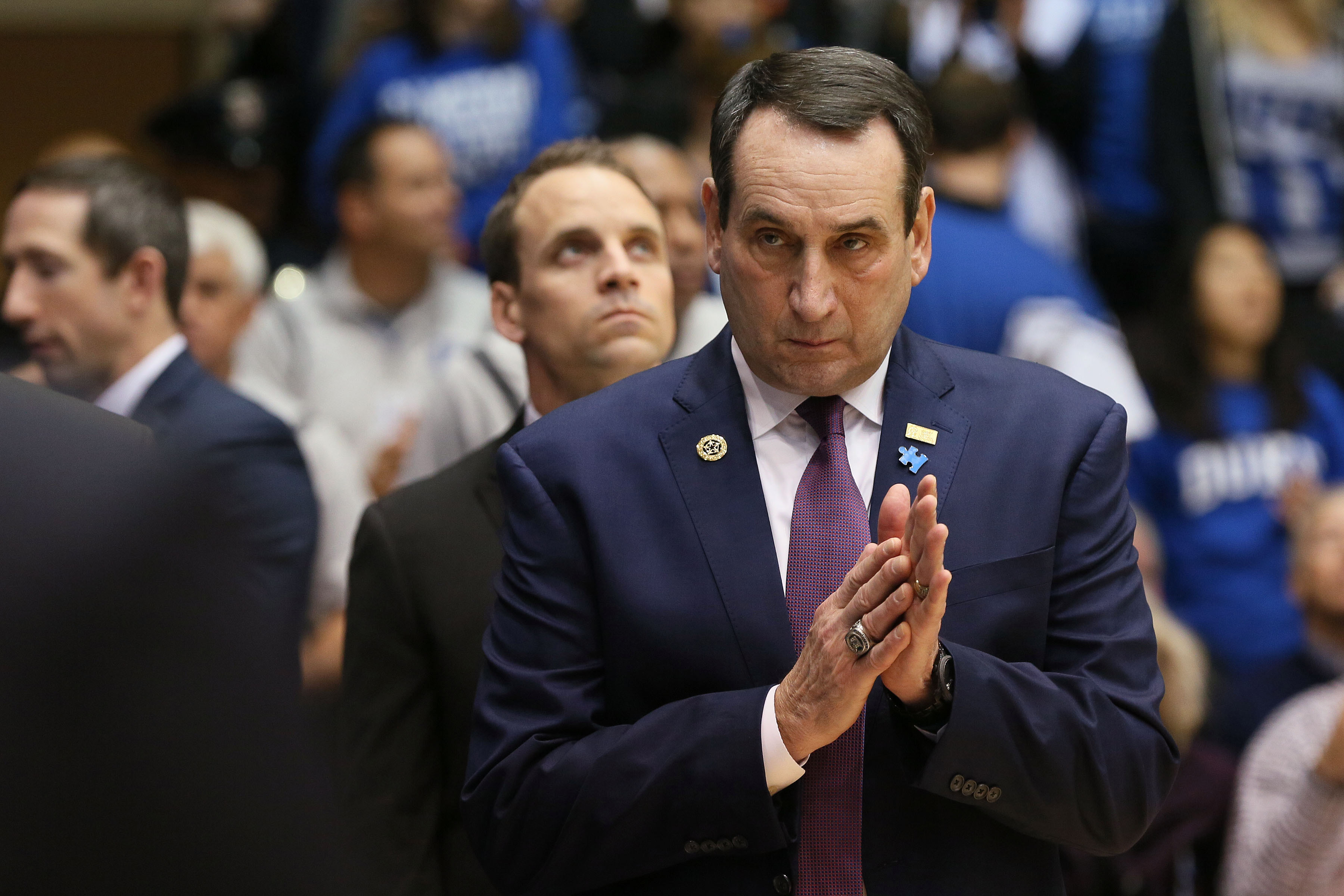 Feb 4, 2017; Durham, NC, USA; Duke Blue Devils head coach Mike Krzyzewski watches his team during player introductions before the start of their game against the Pittsburgh Panthers at Cameron Indoor Stadium. Mandatory Credit: Mark Dolejs-USA TODAY Sports