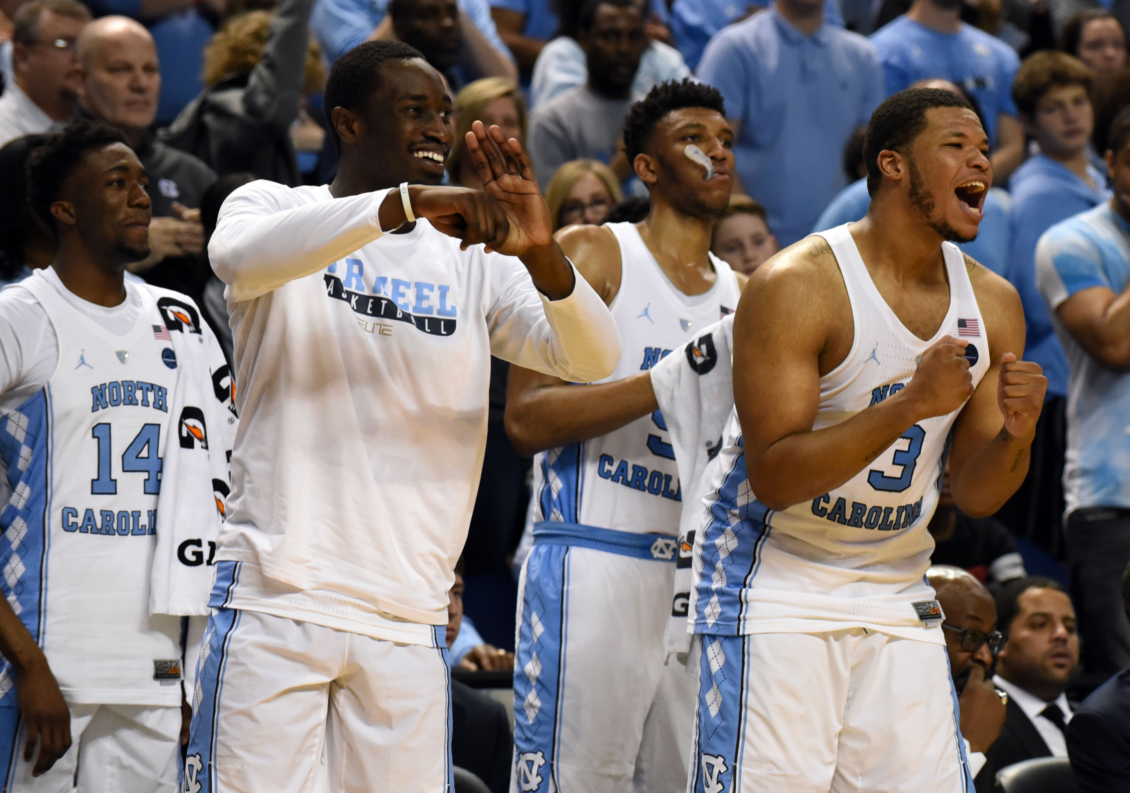 Feb 5, 2017; Greensboro, NC, USA; The North Carolina Tar Heels bench reacts during the second half against the Notre Dame Fighting Irish at Greensboro Coliseum. The Tar Heels won 83-76. Mandatory Credit: Rob Kinnan-USA TODAY Sports