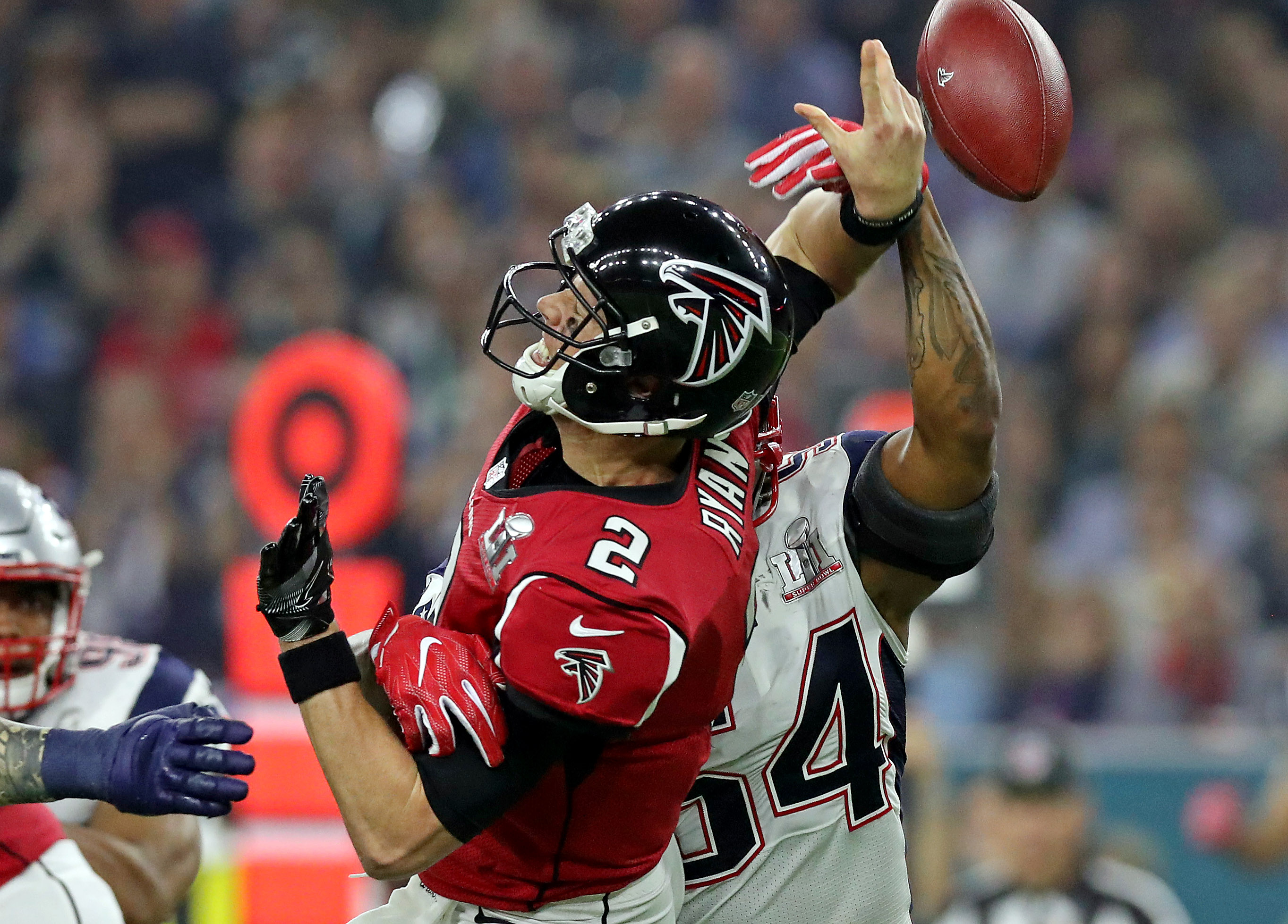 Feb 5, 2017; Houston, TX, USA; New England Patriots middle linebacker Dont'a Hightower (54) forces a fumble by Atlanta Falcons quarterback Matt Ryan (2) during the fourth quarter during Super Bowl LI at NRG Stadium. Mandatory Credit: Matthew Emmons-USA TODAY Sports