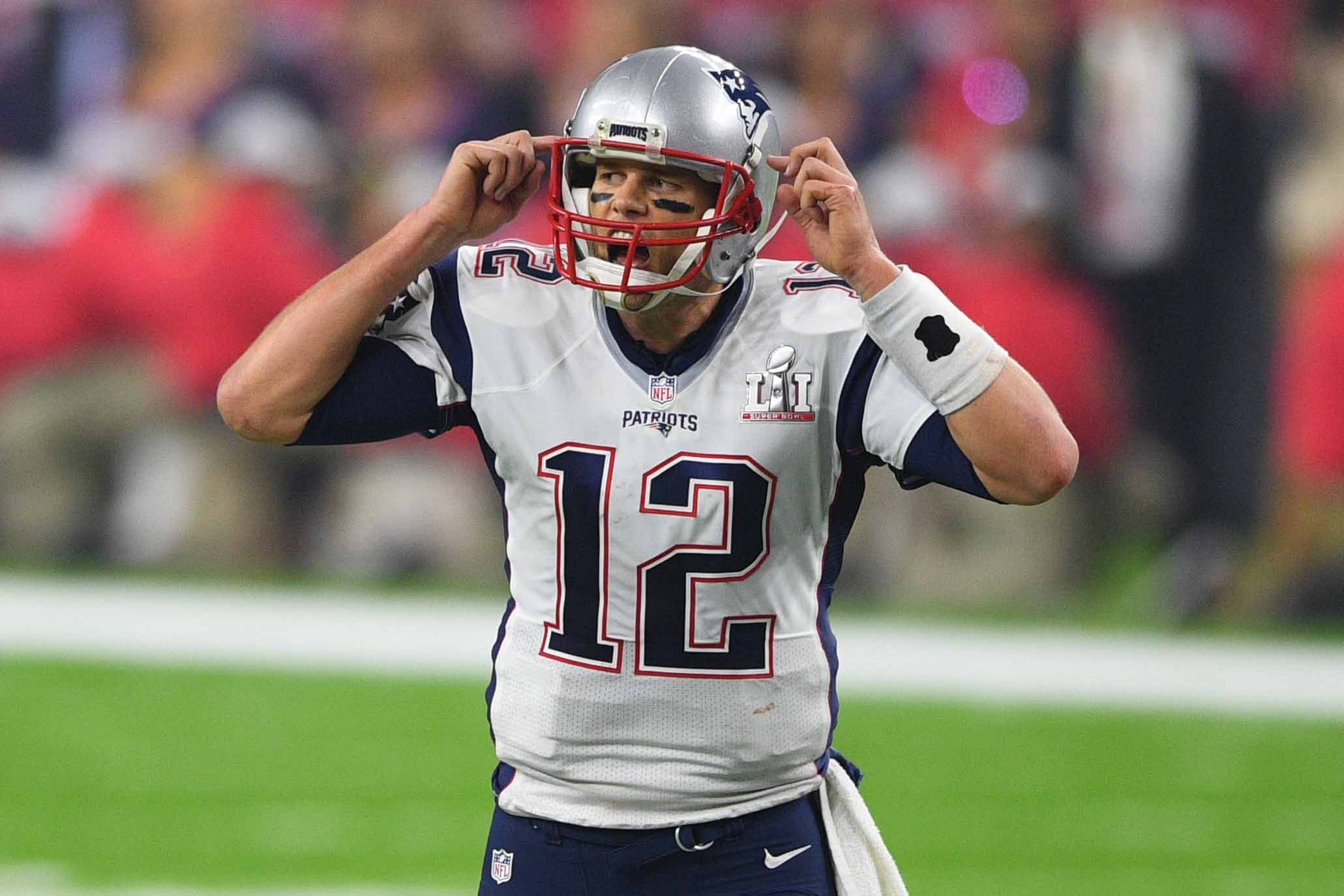 Feb 5, 2017; Houston, TX, USA; New England Patriots quarterback Tom Brady (12) reacts during the fourth quarter against the Atlanta Falcons during Super Bowl LI at NRG Stadium. Mandatory Credit: Bob Donnan-USA TODAY Sports