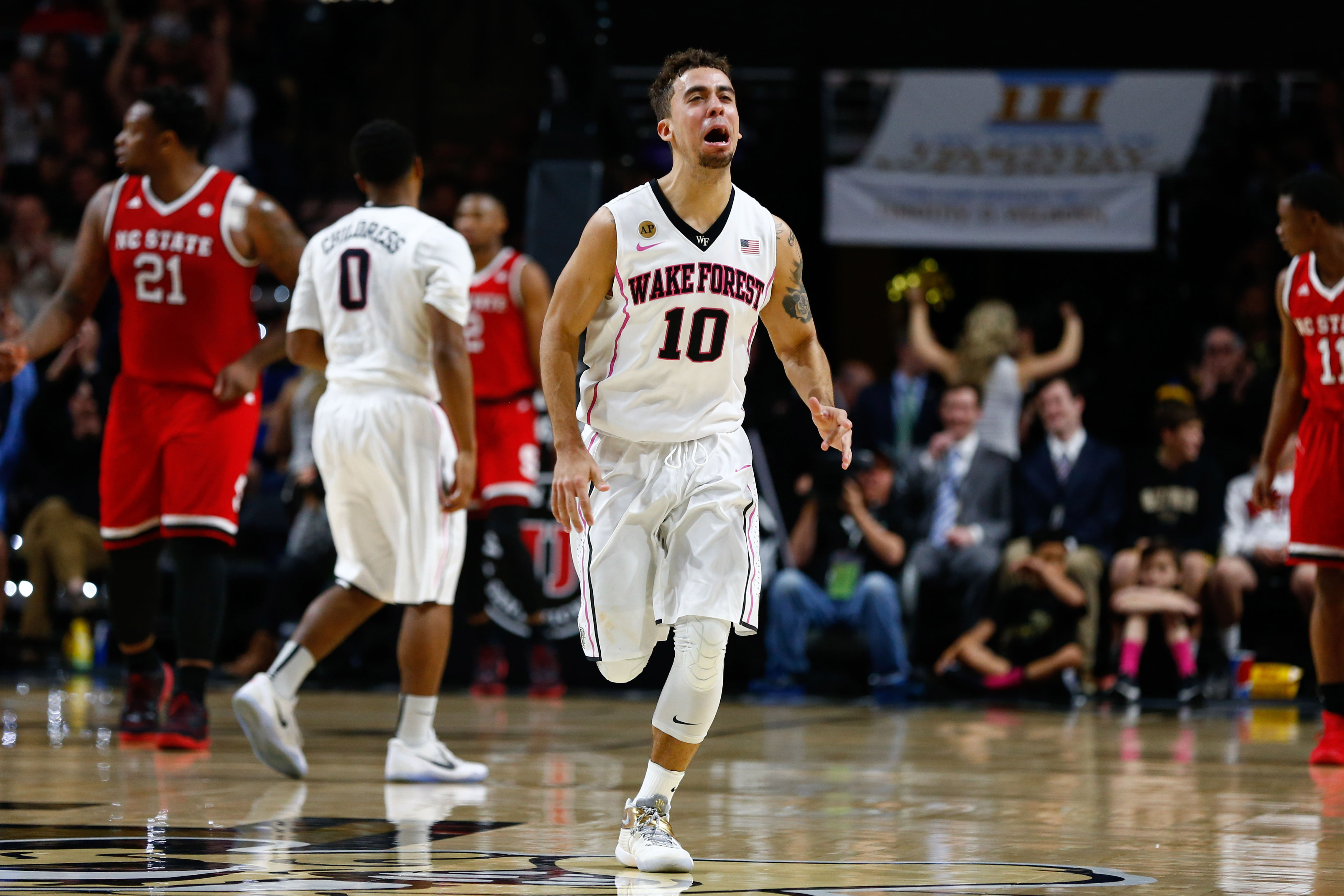 Feb 11, 2017; Winston-Salem, NC, USA; Wake Forest Demon Deacons guard Mitchell Wilbekin (10) celebrates after scoring in the second half against the North Carolina State Wolfpack at Lawrence Joel Veterans Memorial Coliseum. The Demon Deacons won 88-58. Mandatory Credit: Jeremy Brevard-USA TODAY Sports