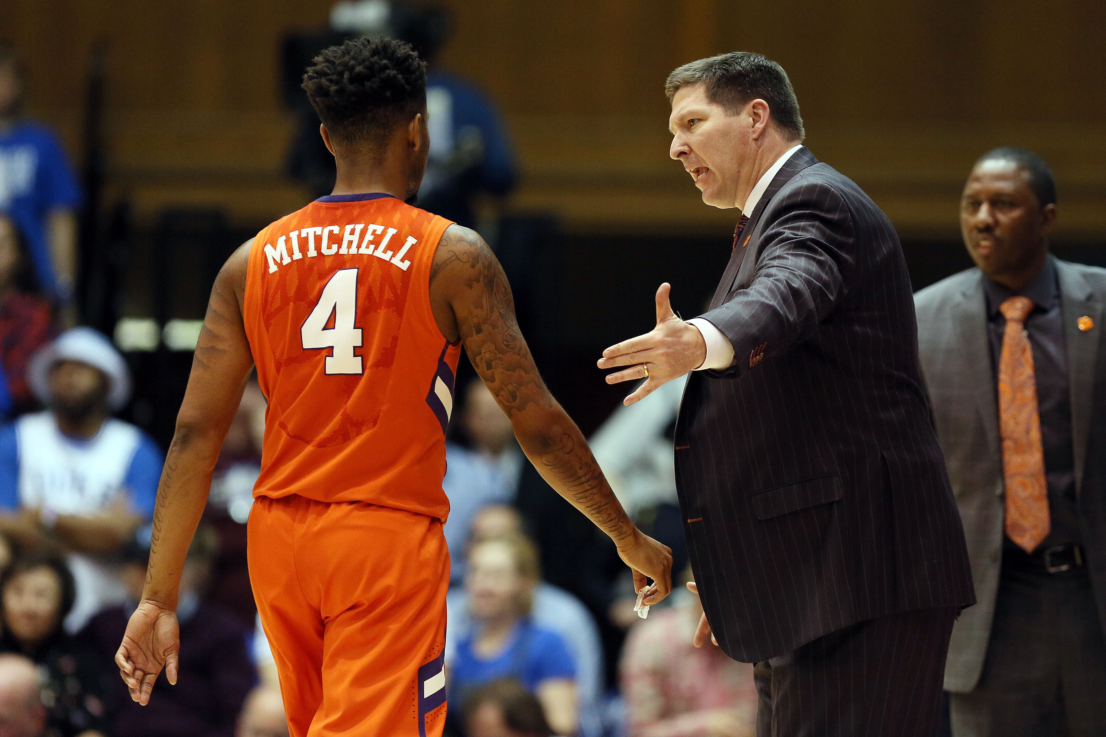 Feb 11, 2017; Durham, NC, USA; Clemson Tigers head coach Brad Brownell talks to Clemson Tigers guard Shelton Mitchell (4) as he comes off the floor in the first half of their game against the Duke Blue Devils at Cameron Indoor Stadium. Mandatory Credit: Mark Dolejs-USA TODAY Sports