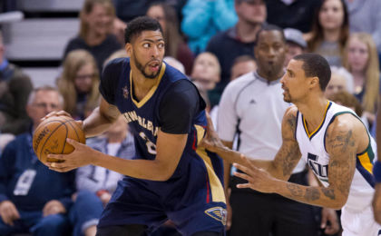 Mar 27, 2017; Salt Lake City, UT, USA; Utah Jazz guard George Hill (3) defends against New Orleans Pelicans forward Anthony Davis (23) during the second half at Vivint Smart Home Arena. The Jazz won 108-100. Mandatory Credit: Russ Isabella-USA TODAY Sports