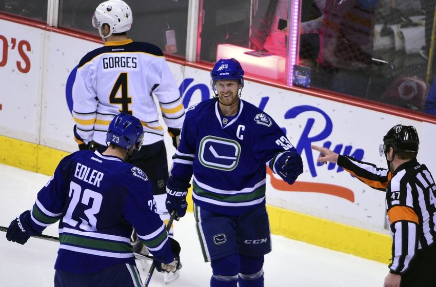 Dec 7, 2015; Vancouver, British Columbia, CAN; Vancouver Canucks forward Henrik Sedin (33) scores against Buffalo Sabres goaltender Linus Ullmark (35) (not pictured) during the second period at Rogers Arena. Mandatory Credit: Anne-Marie Sorvin-USA TODAY Sports