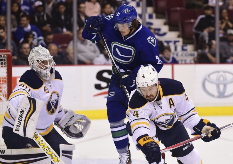 Oct 20, 2016; Vancouver, British Columbia, CAN; Buffalo Sabres goaltender Robin Lehner (40) and forward Nicolas Deslauriers (44) defend against Vancouver Canucks forward Loui Eriksson (21) during the first period at Rogers Arena. Mandatory Credit: Anne-Marie Sorvin-USA TODAY Sports