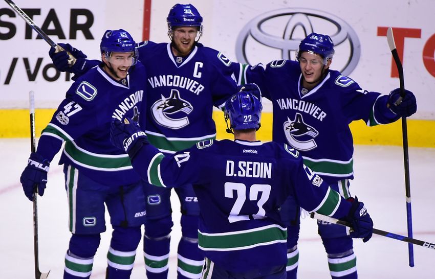 Jan 2, 2017; Vancouver, British Columbia, CAN; Vancouver Canucks forward Sven Baertschi (47) celebrates his goal against Colorado Avalanche goaltender Calvin Pickard (31) (not pictured) with forward Henrik Sedin (33) and forward Daniel Sedin (22) during the third period at Rogers Arena. The Vancouver Canucks won 3-2. Mandatory Credit: Anne-Marie Sorvin-USA TODAY Sports