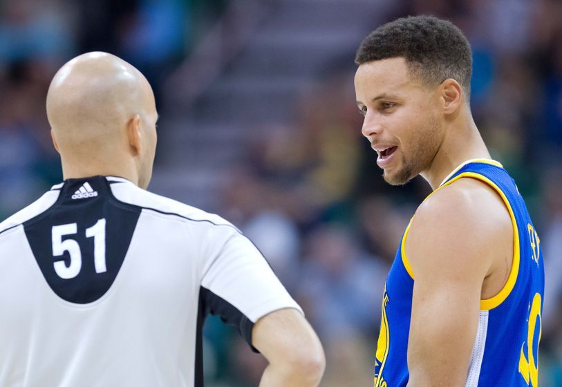 Dec 8, 2016; Salt Lake City, UT, USA; Golden State Warriors guard Stephen Curry (30) talks with referee Aaron Smith during the second half against the Utah Jazz at Vivint Smart Home Arena. Golden State won 106-99. Mandatory Credit: Russ Isabella-USA TODAY Sports