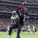 Nov 29, 2015; Houston, TX, USA; Houston Texans wide receiver DeAndre Hopkins (10) is unable to make a catch during the third quarter as New Orleans Saints cornerback <a rel=