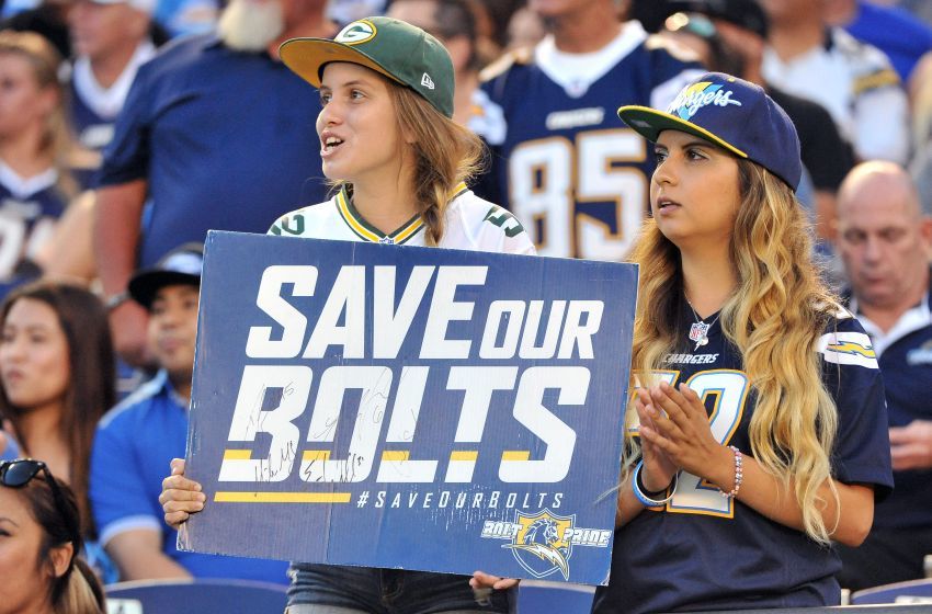 Aug 19, 2016; San Diego, CA, USA; Fans hold up a sign in reference to the Save Our Bolts initiative during the second quarter of the game between the San Diego Chargers and Arizona Cardinals at Qualcomm Stadium. Mandatory Credit: Orlando Ramirez-USA TODAY Sports