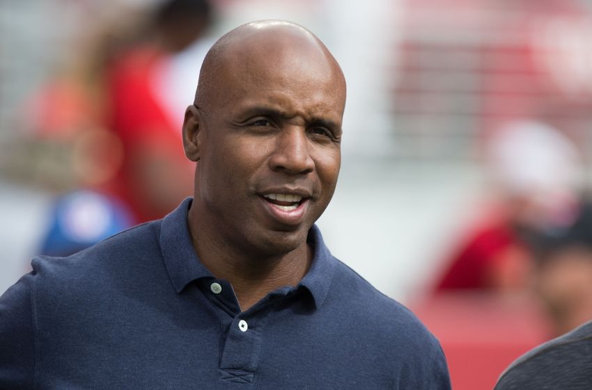 Oct 18, 2015; Santa Clara, CA, USA; Former San Francisco Giants baseball player Barry Bonds on the field before the game between the San Francisco 49ers and the Baltimore Ravens at Levi