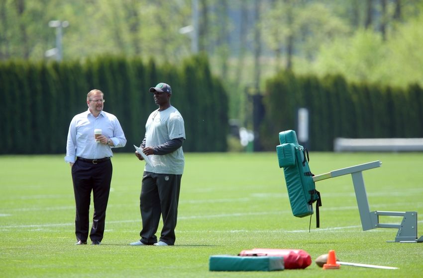 May 8, 2015; Florham Park, NY, USA; New York Jets general manager Mike Maccagnan (left) and head coach <a rel=