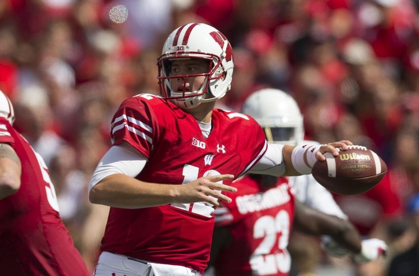 Sep 17, 2016; Madison, WI, USA; Wisconsin Badgers quarterback Alex Hornibrook (12) shows a pass during the third quarter against the Georgia State Panthers at Camp Randall Stadium. Wisconsin won 23-17. Mandatory Credit: Jeff Hanisch-USA TODAY Sports