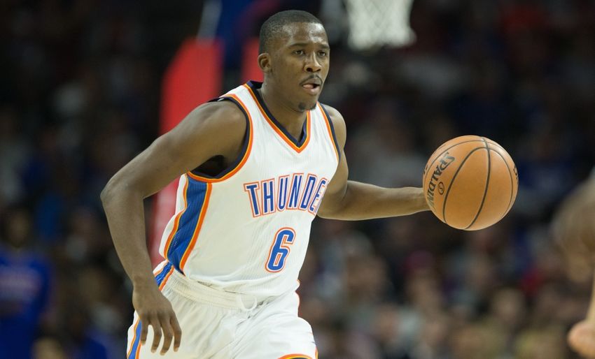 Oct 26, 2016; Philadelphia, PA, USA; Oklahoma City Thunder guard Semaj Christon (6) dribbles against the Philadelphia 76ers during the first half at Wells Fargo Center. Mandatory Credit: Bill Streicher-USA TODAY Sports