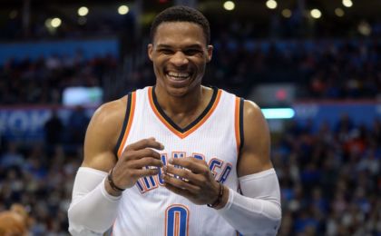 Dec 31, 2016; Oklahoma City, OK, USA; Oklahoma City Thunder guard Russell Westbrook (0) reacts after a play against the LA Clippers during the third quarter at Chesapeake Energy Arena. Mandatory Credit: Mark D. Smith-USA TODAY Sports