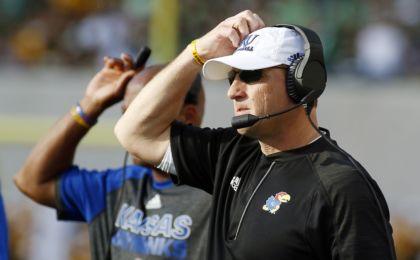 Oct 15, 2016; Waco, TX, USA; Kansas Jayhawks head coach David Beaty scratches his head on the sidelines against the Baylor Bears during the second half at McLane Stadium. Baylor won 49-7. Mandatory Credit: Ray Carlin-USA TODAY Sports