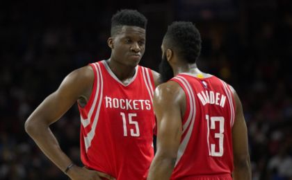 Mar 9, 2016; Philadelphia, PA, USA; Houston Rockets guard James Harden (13) and forward Clint Capela (15) talk during a break in the second half against the Philadelphia 76ers at Wells Fargo Center. The Houston Rockets won 118-104. Mandatory Credit: Bill Streicher-USA TODAY Sports