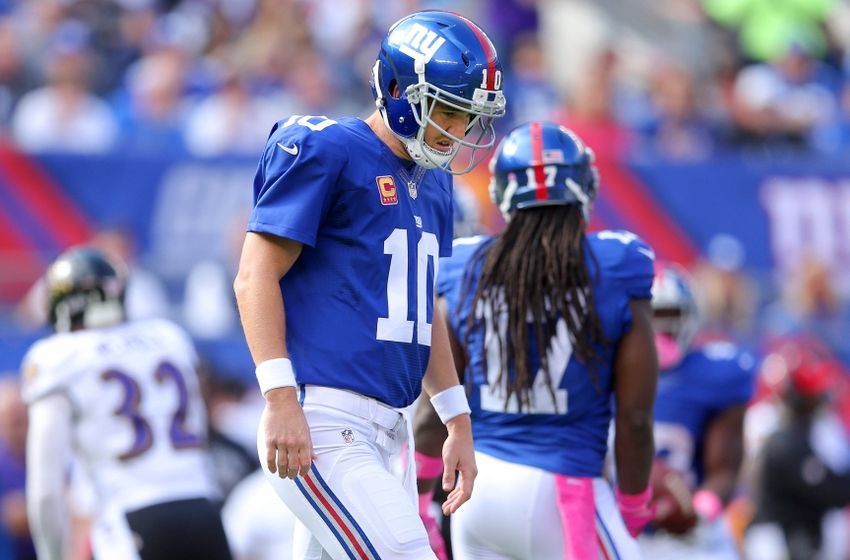 Oct 16, 2016; East Rutherford, NJ, USA; New York Giants quarterback Eli Manning (10) reacts against the Baltimore Ravens during the second quarter at MetLife Stadium. Mandatory Credit: Brad Penner-USA TODAY Sports