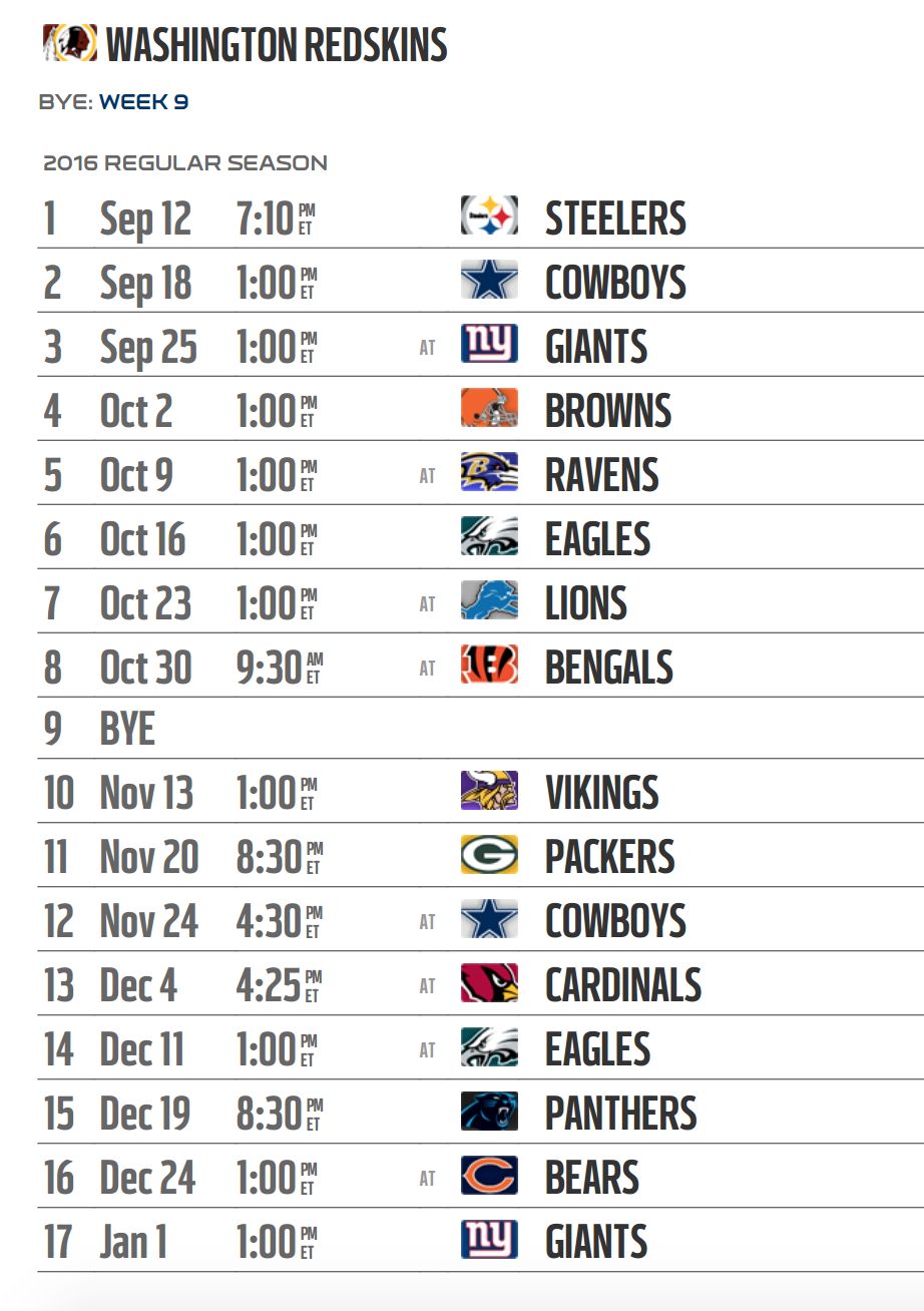 Washington Redskins' 2016 NFL schedule released