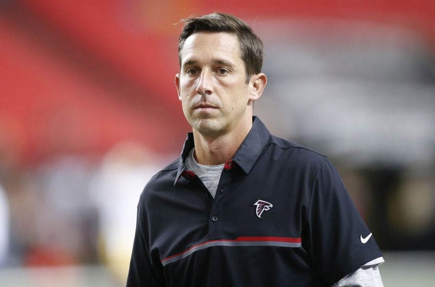 Aug 11, 2016; Atlanta, GA, USA; Atlanta Falcons offensive coordinator Kyle Shanahan before a game against the Washington Redskins at the Georgia Dome. Mandatory Credit: Brett Davis-USA TODAY Sports