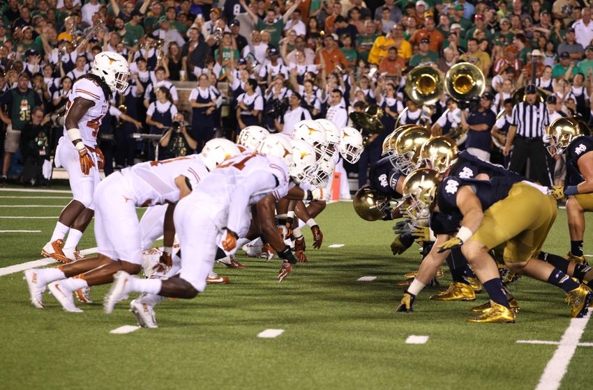 Sep 5, 2015; South Bend, IN, USA; Notre Dame Fighting Irish line squares off against the Texas Longhorns at Notre Dame Stadium. Notre Dame defeats Texas 38-3. Mandatory Credit: Brian Spurlock-USA TODAY Sports