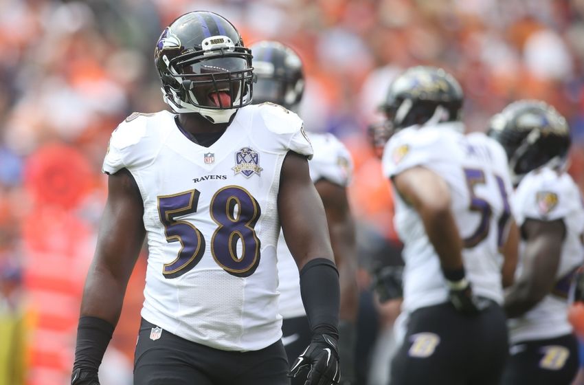 Sep 13, 2015; Denver, CO, USA; Baltimore Ravens outside linebacker Elvis Dumervil (58) during the first half against the Denver Broncos at Sports Authority Field at Mile High. Mandatory Credit: Chris Humphreys-USA TODAY Sports