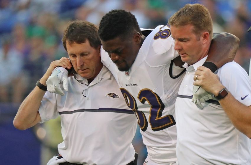 Aug 27, 2016; Baltimore, MD, USA; Baltimore Ravens tight end Ben Watson (82) is assisted off the field after suffering an injury against the Detroit Lions at M&T Bank Stadium. Mandatory Credit: Mitch Stringer-USA TODAY Sports