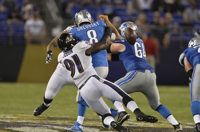 Aug 27, 2016; Baltimore, MD, USA; Baltimore Ravens linebacker Matt Judon (91) sacks Detroit Lions quarterback Dan Orlovsky (8) during the second half at M&T Bank Stadium. Mandatory Credit: Tommy Gilligan-USA TODAY Sports