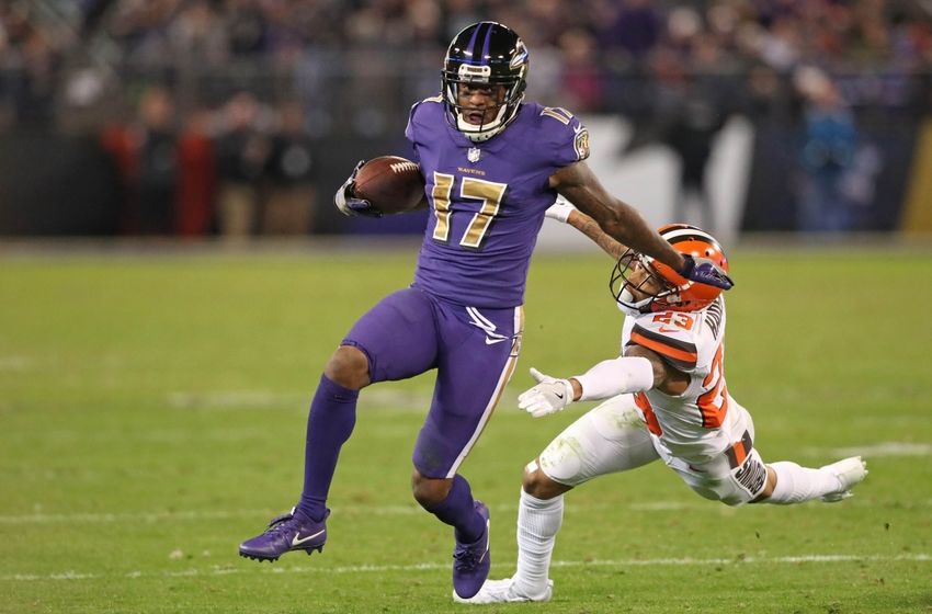 Nov 10, 2016; Baltimore, MD, USA; Baltimore Ravens wide receiver Mike Wallace (17) runs past Cleveland Browns cornerback Joe Haden (23) after a catch at M&T Bank Stadium. Mandatory Credit: Mitch Stringer-USA TODAY Sports