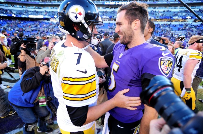 Nov 6, 2016; Baltimore, MD, USA; Baltimore Ravens quarterback Joe Flacco (5) talks to Pittsburgh Steelers quarterback Ben Roethlisberger (7) after the game at M&T Bank Stadium. Mandatory Credit: Evan Habeeb-USA TODAY Sports