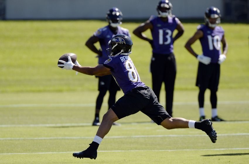 Jun 14, 2016; Baltimore, MD, USA; Baltimore Ravens wide receiver Keenan Reynolds (81) leaps for a catch during the first day of minicamp sessions at Under Armour Performance Center. Mandatory Credit: Tommy Gilligan-USA TODAY Sports