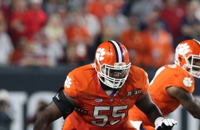 Jan 11, 2016; Glendale, AZ, USA; Clemson Tigers guard Tyrone Crowder (55) in action against the Alabama Crimson Tide in the 2016 CFP National Championship at University of Phoenix Stadium. Mandatory Credit: Matthew Emmons-USA TODAY Sports