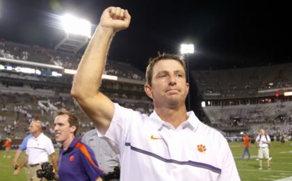 Sep 22, 2016; Atlanta, GA, USA; Clemson Tigers head coach Dabo Swinney salutes the crowd after a victory against the Georgia Tech Yellow Jackets at Bobby Dodd Stadium. Clemson defeated Georgia Tech 26-7. Mandatory Credit: Brett Davis-USA TODAY Sports