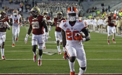 Oct 7, 2016; Boston, MA, USA; Clemson Tigers running back Tavien Feaster (28) scores a touchdown during the fourth quarter against Boston College at Alumni Stadium. Mandatory Credit: Stew Milne-USA TODAY Sports