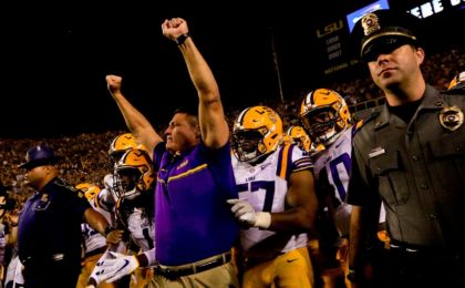 Nov 5, 2016; Baton Rouge, LA, USA; LSU Tigers head coach Ed Orgeron leads his team onto the field before a game against the Alabama Crimson Tide at Tiger Stadium. Mandatory Credit: Derick E. Hingle-USA TODAY Sports