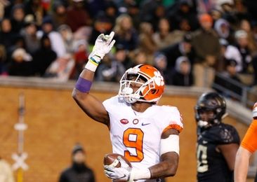 Nov 19, 2016; Winston-Salem, NC, USA; Clemson Tigers running back Wayne Gallman (9) celebrates after a touchdown in the third quarter against the Wake Forest Demon Deacons at BB&T Field. Clemson defeated Wake 35-13. Mandatory Credit: Jeremy Brevard-USA TODAY Sports