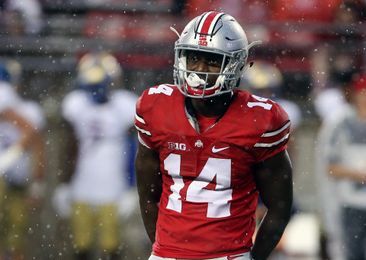 Sep 10, 2016; Columbus, OH, USA; Ohio State Buckeyes wide receiver K.J. Hill (14) against the Tulsa Golden Hurricane at Ohio Stadium. Ohio State won 48-3. Mandatory Credit: Aaron Doster-USA TODAY Sports